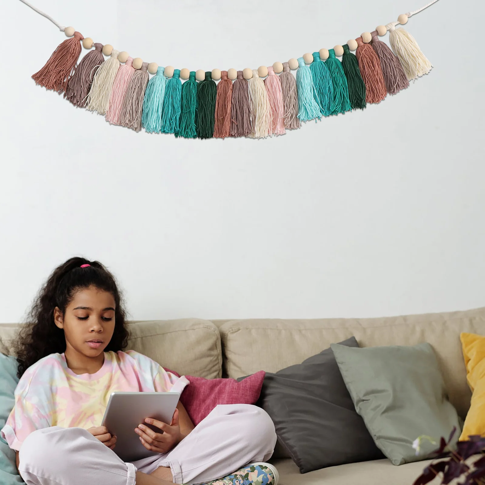 

NOLITOY Wood Beads Tapestry Wall Hanging Rainbow Tassel Decor Rustic Home Decoration Cotton Pendant Boho Room Art