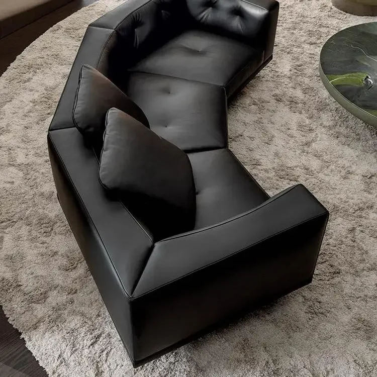 #Italian Minimalism Black Genuine Leather Reclining Upholstered Sectional Sofa Set Home Furniture Luxury Living Room Hotel Villa