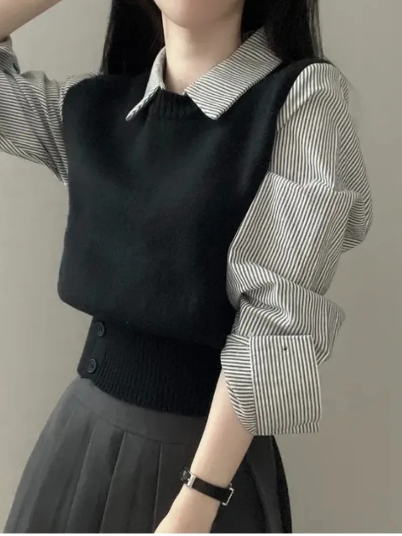 

Chic Autumn Anti-Aging Striped irt Patchwork Knitted Top Women Design Sensation Long Sve Soft Korean Sle Commute...