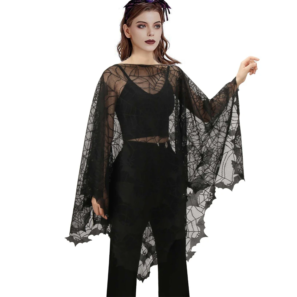 Teschio bianco pipistrello nero Spiderweb Poncho scheletro spaventoso mantello Tippet accessori Cosplay di Halloween 145x145cm