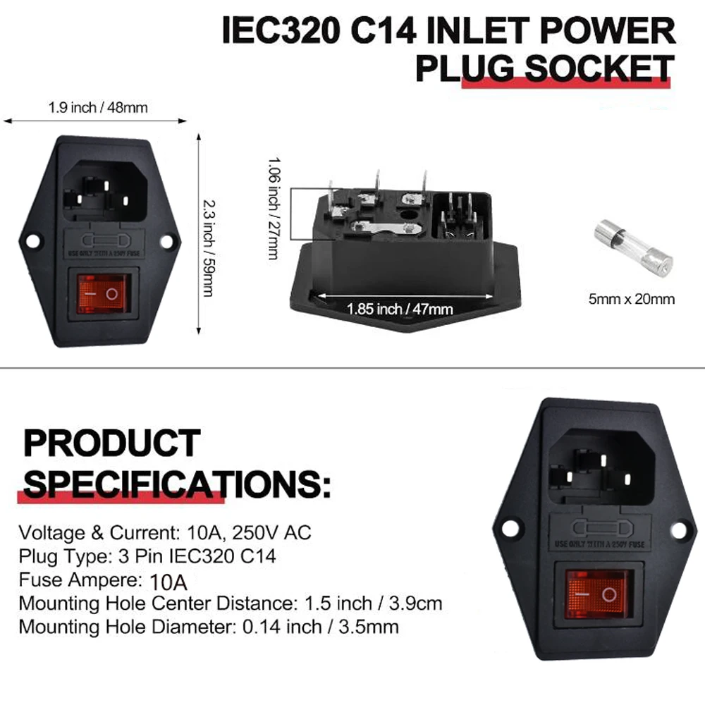 2PCS 10A/250V 3pin AC power socket with Power Rocker Switch Fused