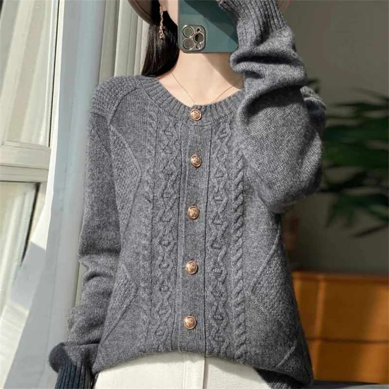 Spring Autumn Women Cardigan Round Neck Knitwear Solid Color New Fashion High-grade Long Sleeves Knitwear Sweater Female Top