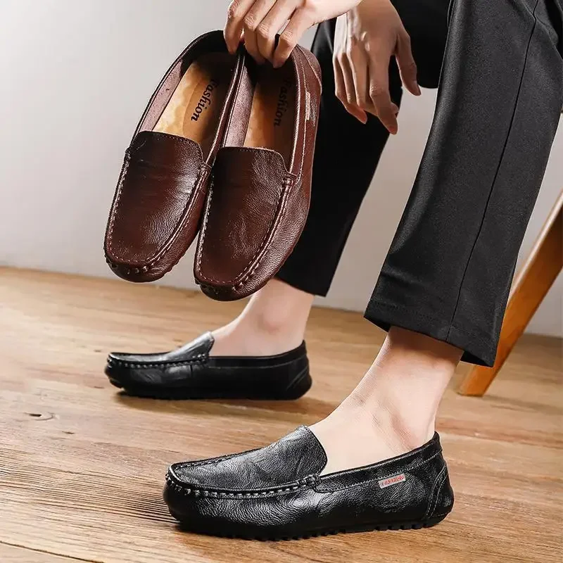 Mocassins en cuir véritable pour hommes, mocassins à enfiler, chaussures de conduite décontractées, été