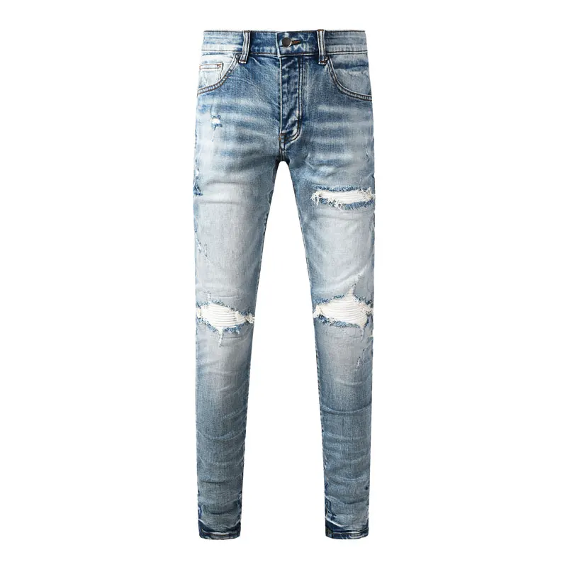 Men's Fashionable Washed Nostalgic Perforated Patch Elastic Slim Fit Light Blue Jeans High Street Hip-Hop Brand