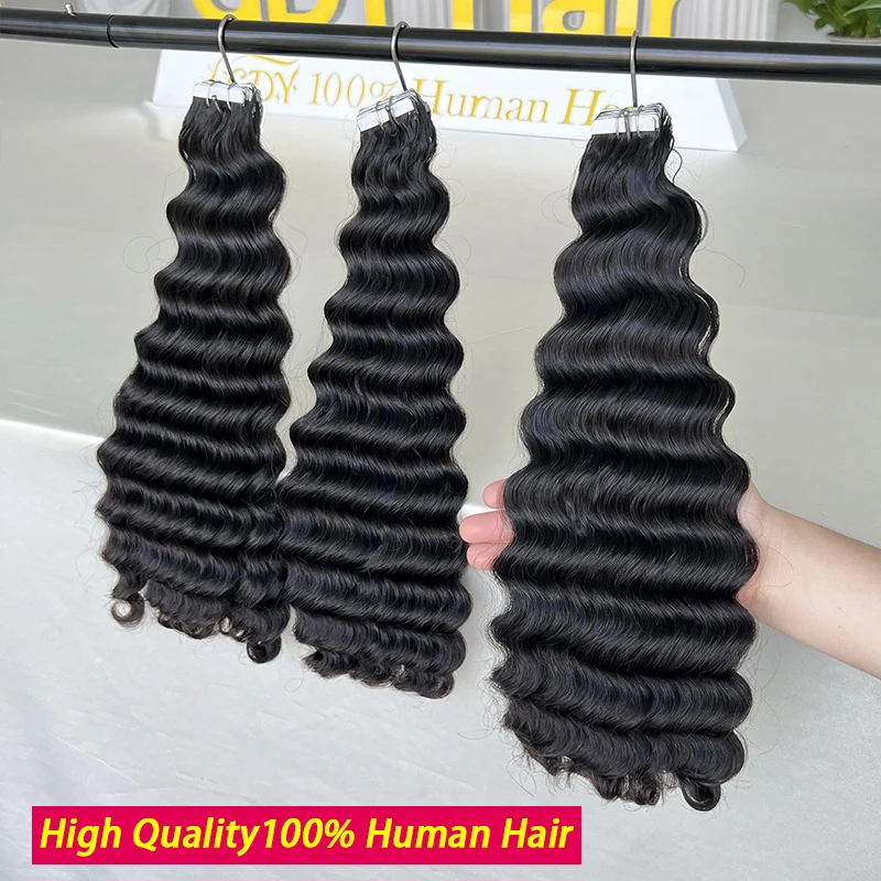 

Накладные волосы Double Drawn Deep Wave на невидимой ленточной основе, 100% натуральные человеческие волосы, бесшовные, на клейкой ленте, из необработанных волос.