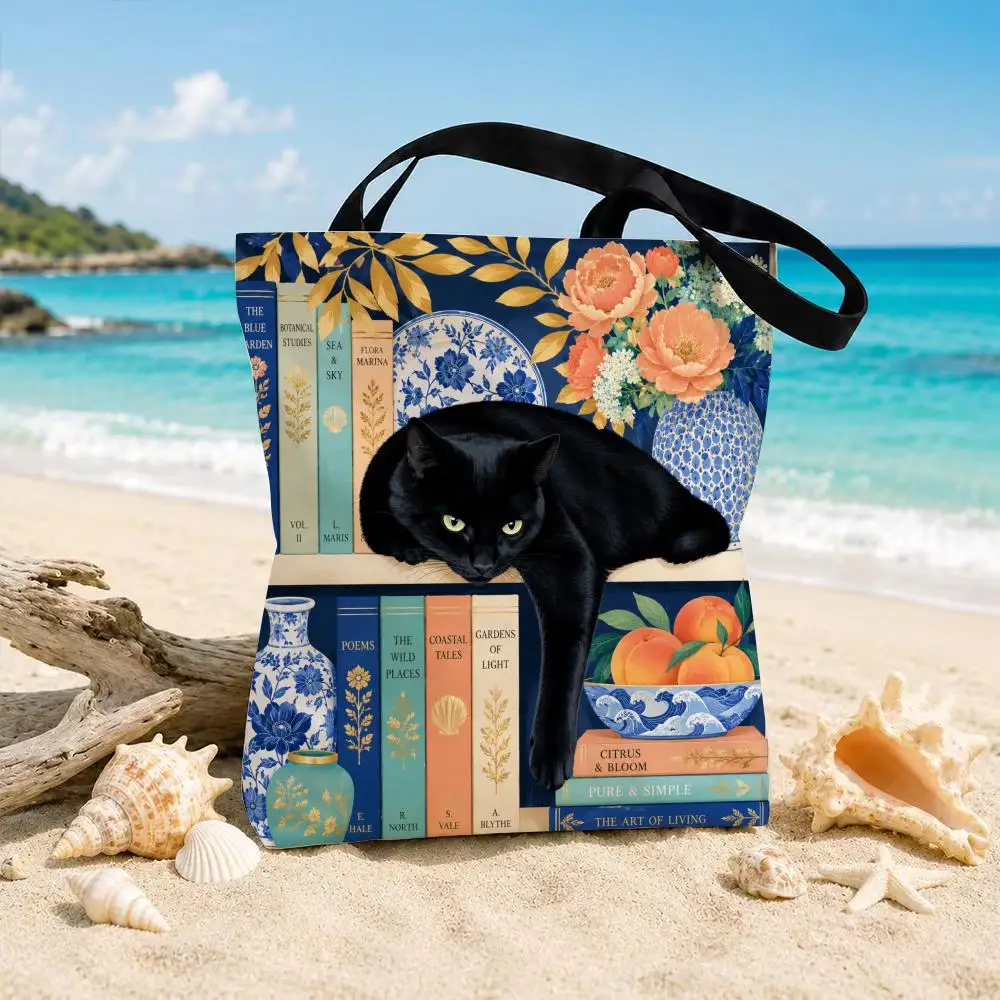 Black Cat Books Storage Bags Beach Canvas Shoulder Tote Bag Double Sided Print Fashion Handbag For Travel Picnic