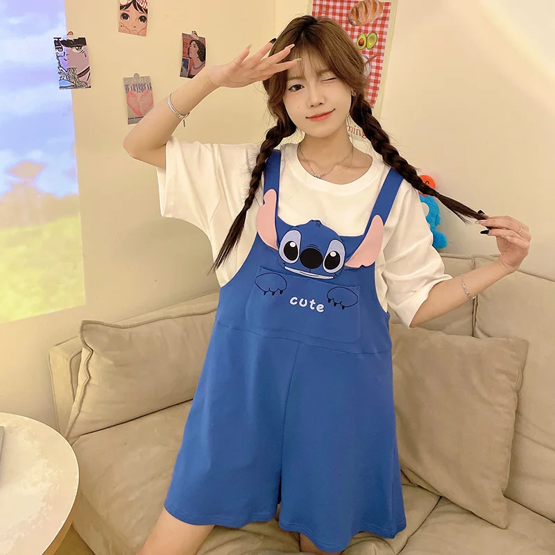 Disney Stitch pajamas summer new cute cartoon straps cotton short sleeves can be worn outside loungewear casual loose suit