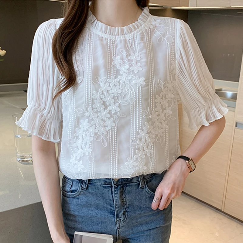 Summer Women Blouse Short Sleeve Embroidery Lace Chiffon Blouse Shirt Blouse Women Blusas Mujer De Moda 2024 Blouses Femme 18927