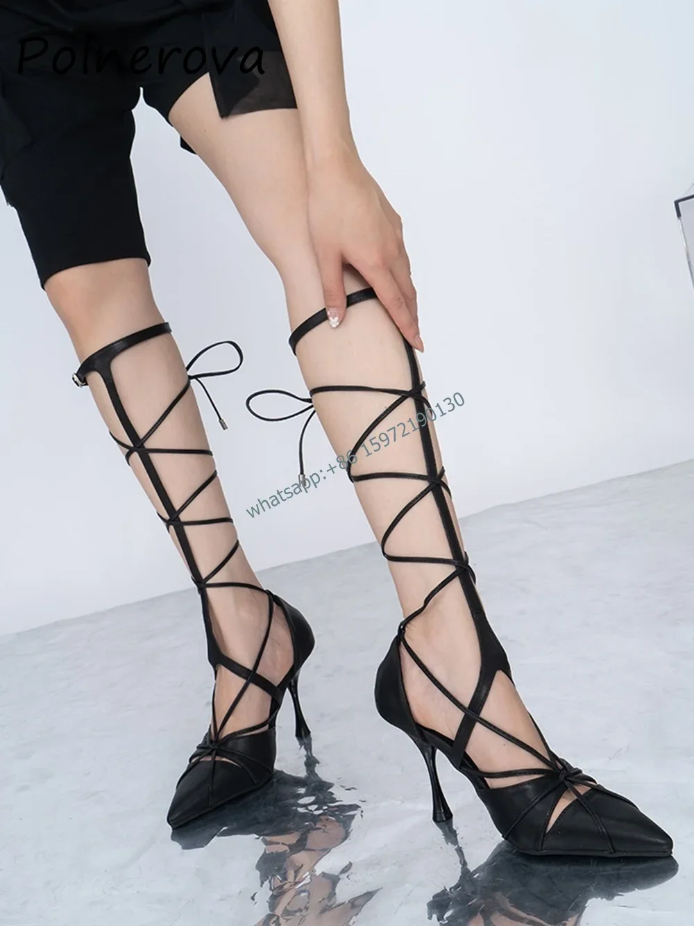 Calf Strap Knot Sandals Boots Black Narrow Band Buckle Strap Thin Heels Sandals Sexy Solid Black Roma Runway Hotties Shoes