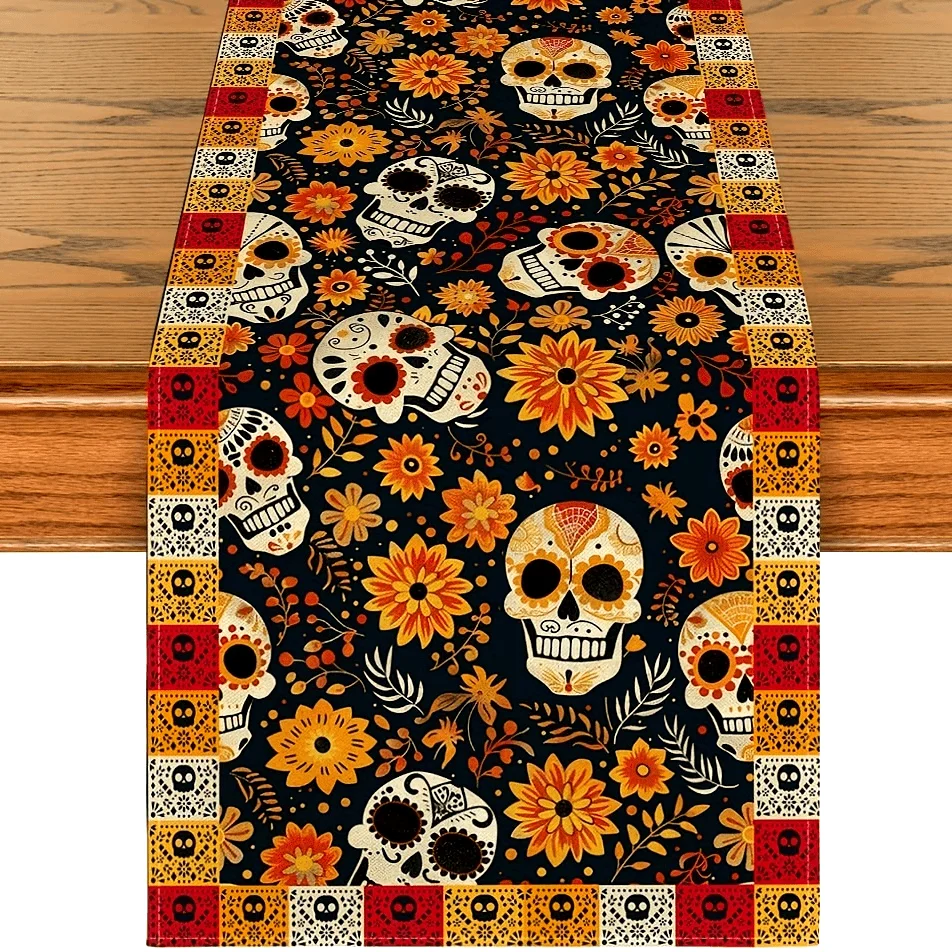 Camino de mesa con diseño de margaritas amarillas y calavera de azúcar del Día de los Muertos, lino, cocina mexicana, comedor, decoración de fiesta en casa