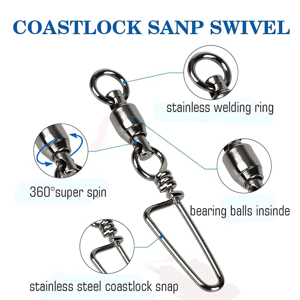 FTK 10Pcs Fishing Snap Swivels Ball Bearing Swivel Coastlock Snap Coating Corrosion Resistance Freshwater Saltwater Swivels