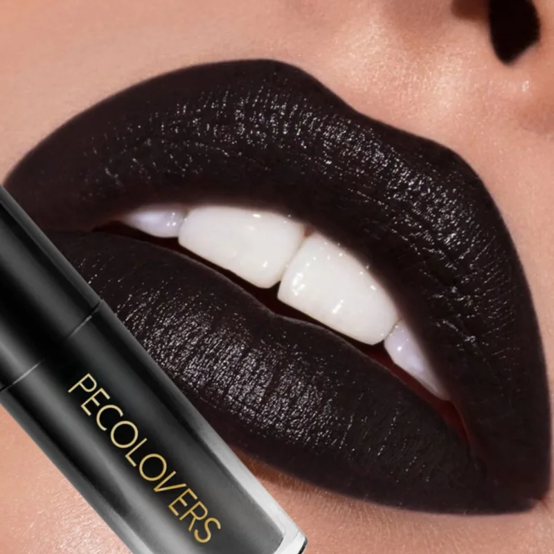 Batom de veludo à prova d'água, brilho labial, maquiagem de longa duração, copo antiaderente, matiz labial sexy, preto, líquido