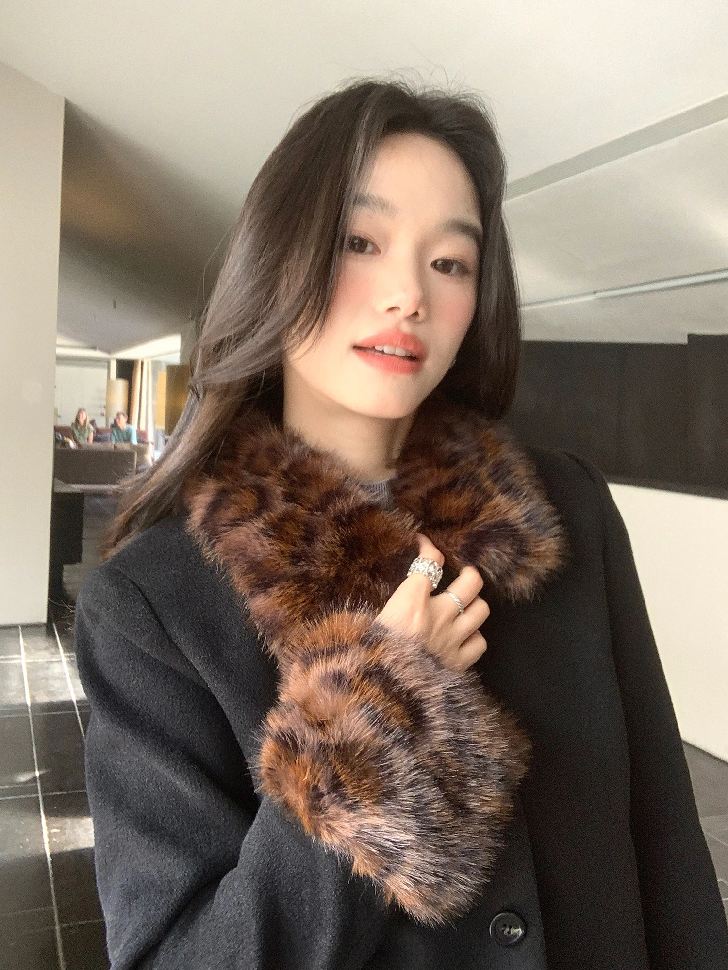 

Pusumede Millennium Y2K American Leopard Print Fur Collar Patchwork Jacket Women's Design Short Coat Vintage Style Long Sleeve