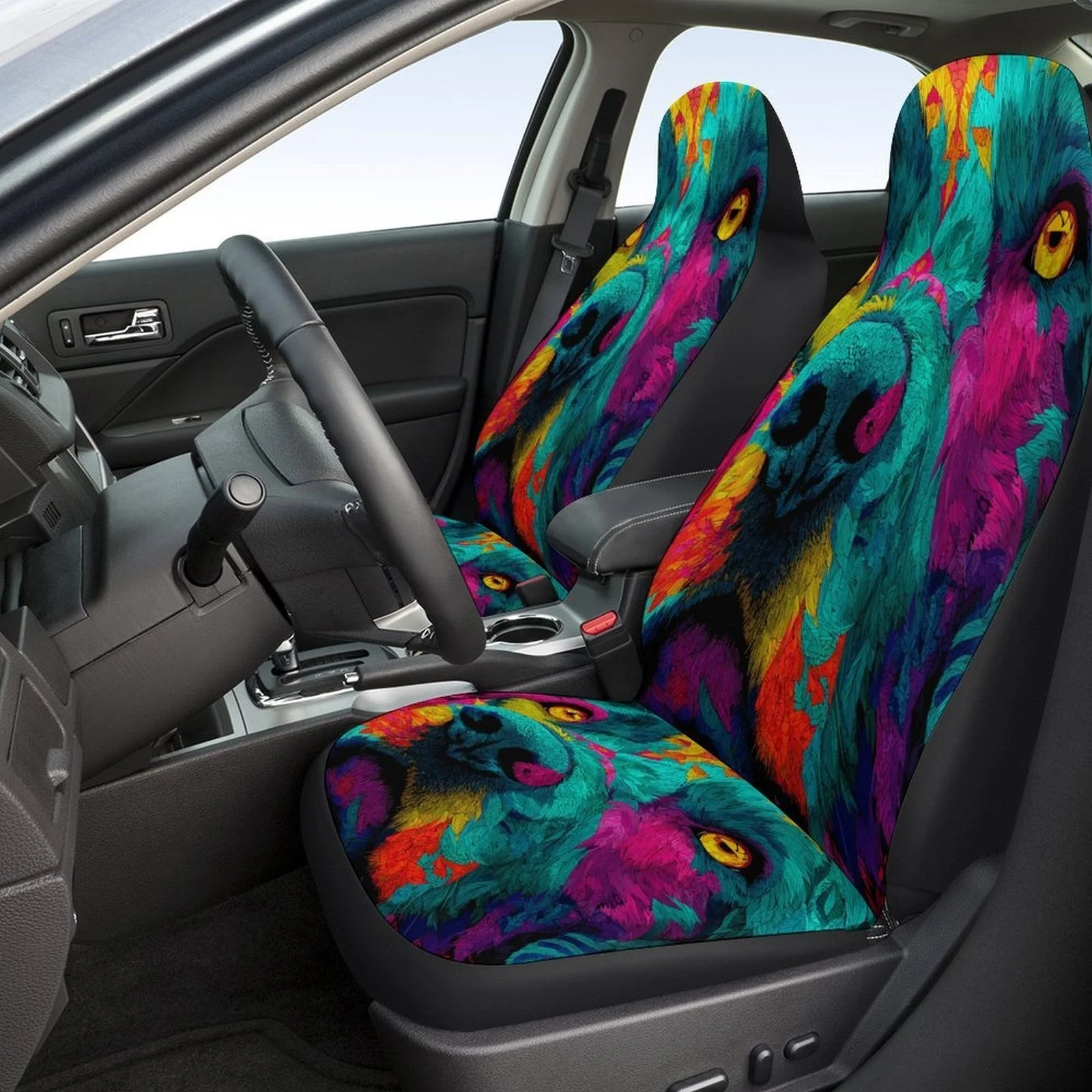 Colorful Wolf Portrait Designed Universal Car Seat Cover Set For Most Cars, Trendy Advanced High-quality Car Seat Protector Cove