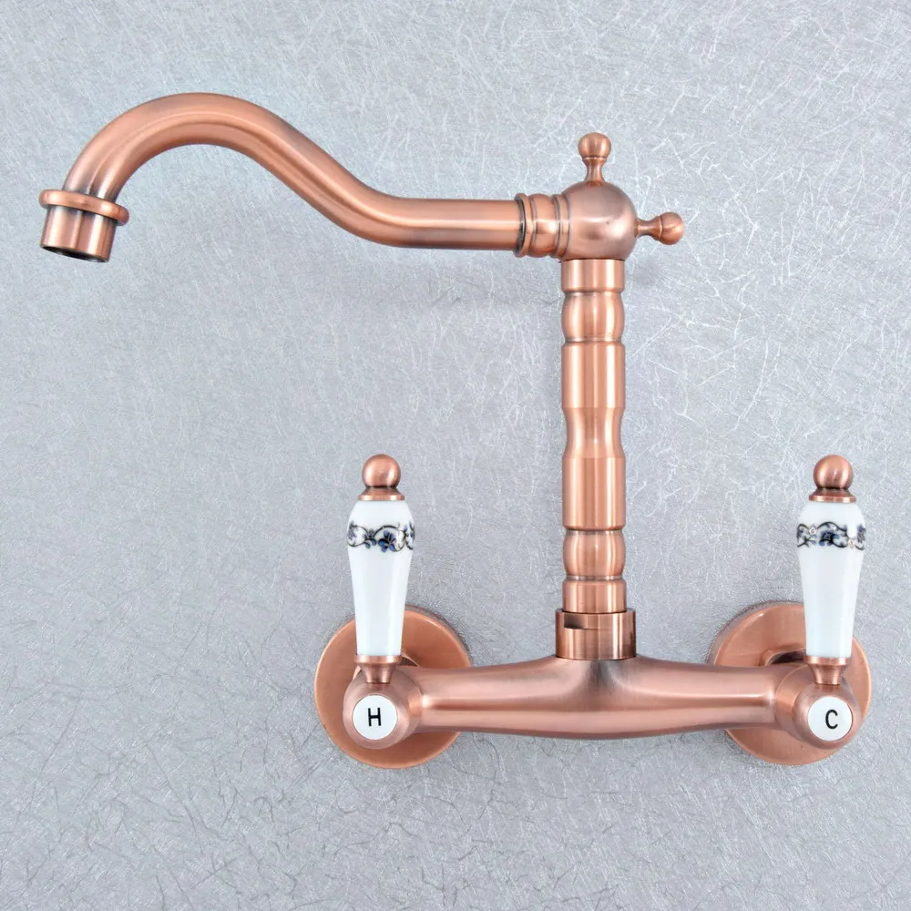 

Antique Red Copper Brass Wall Mounted Kitchen Wet Bar Bathroom Vessel Basin Sink Hot Cold Mixer Tap Swivel Spout Faucet msf877