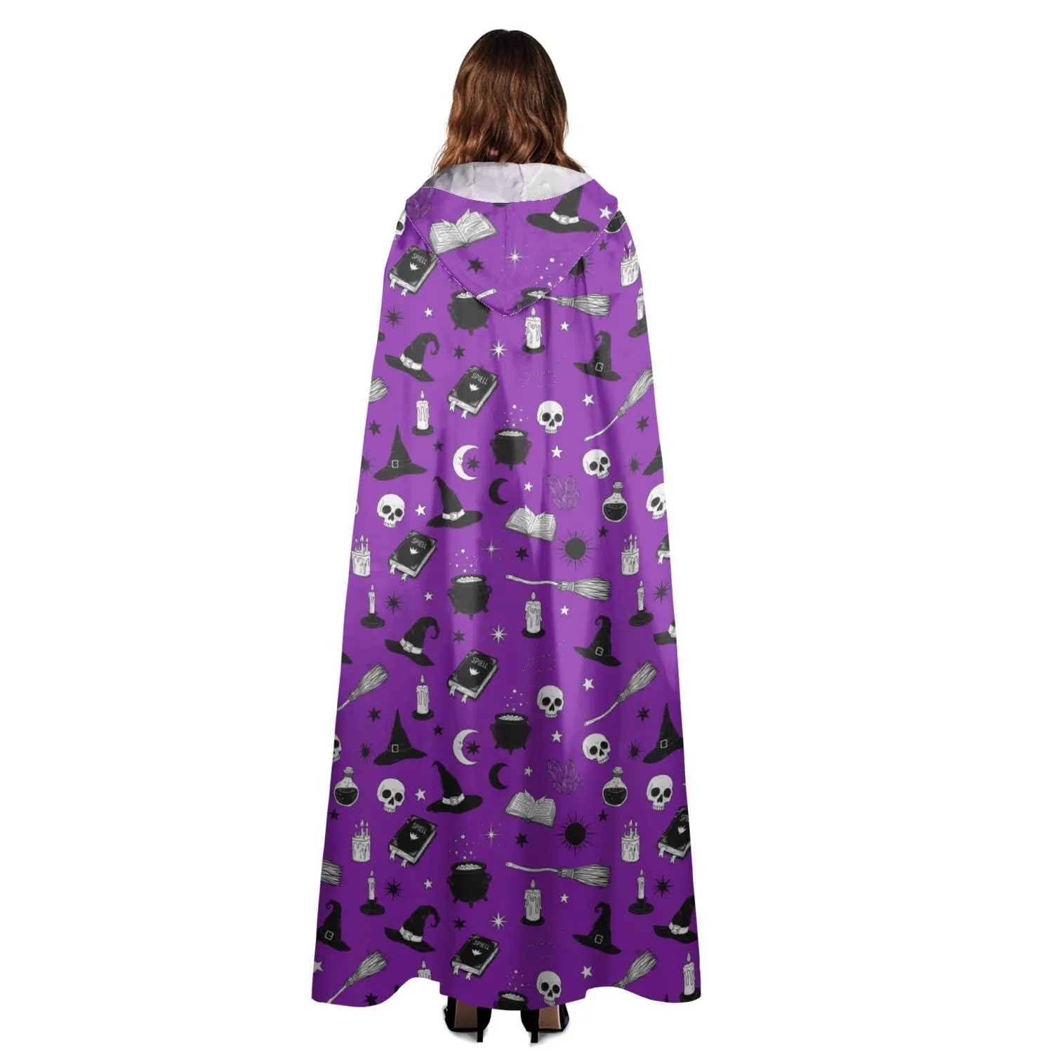 Halloween Witch Spell Purple Pattern Hooded Cloak for Adults, Halloween Costume Cape for Women Men