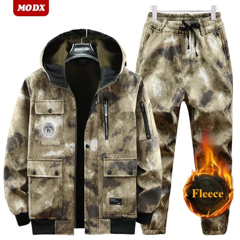 Autumn Winter Windproof Thick Fleece Workwear Set Multi Pocket Wear Resistant Tactical Camouflage Suit Outdoors Hooded Clothes