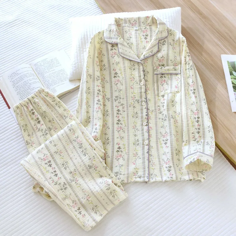 

2026 New Women's Spring and Autumn Pajama Set 100% Cotton Crepe Soft Thin Long Sleeve Long Pants Home Clothes Two Piece Set