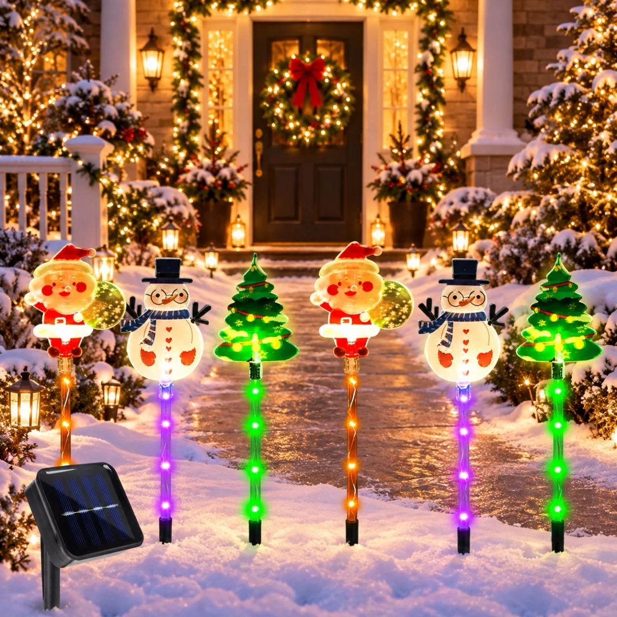 6pcs/set Santa Christmas Solar Stake Lights Santa Claus & Christmas Tree & Snowman Pathway Light For Path Garden Festive Decor