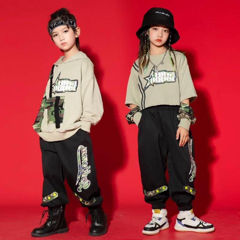 Jazz Dance Girls Costume Fashion Letter Print Camouflage Patchwork Pullover Elastic Waist Loose Sweatpant 2pcs Kids Clothes Boys