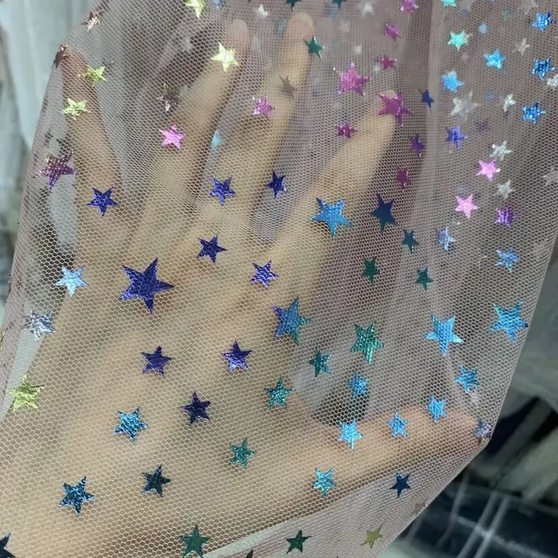 

Colorful star Lace Fabric star Print Mesh tulle lace For Girl Dress Tutu Dress Wedding Dress Bridal Veil Prom Gown 1 yard