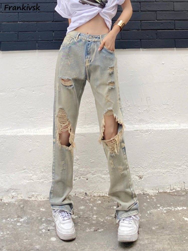 

Straight Jeans Women All-match Fashion Do Old Hole Trousers Basic Harajuku Teens Street Wear High Waisted Students Solid Casual