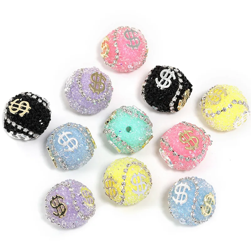 Metal USD Dollars Patch Decorated Candy Resin Rhinestones Round Ball Beads Fit Gumball Bubbleugm Necklace DIY Pen 10pcs 19mm