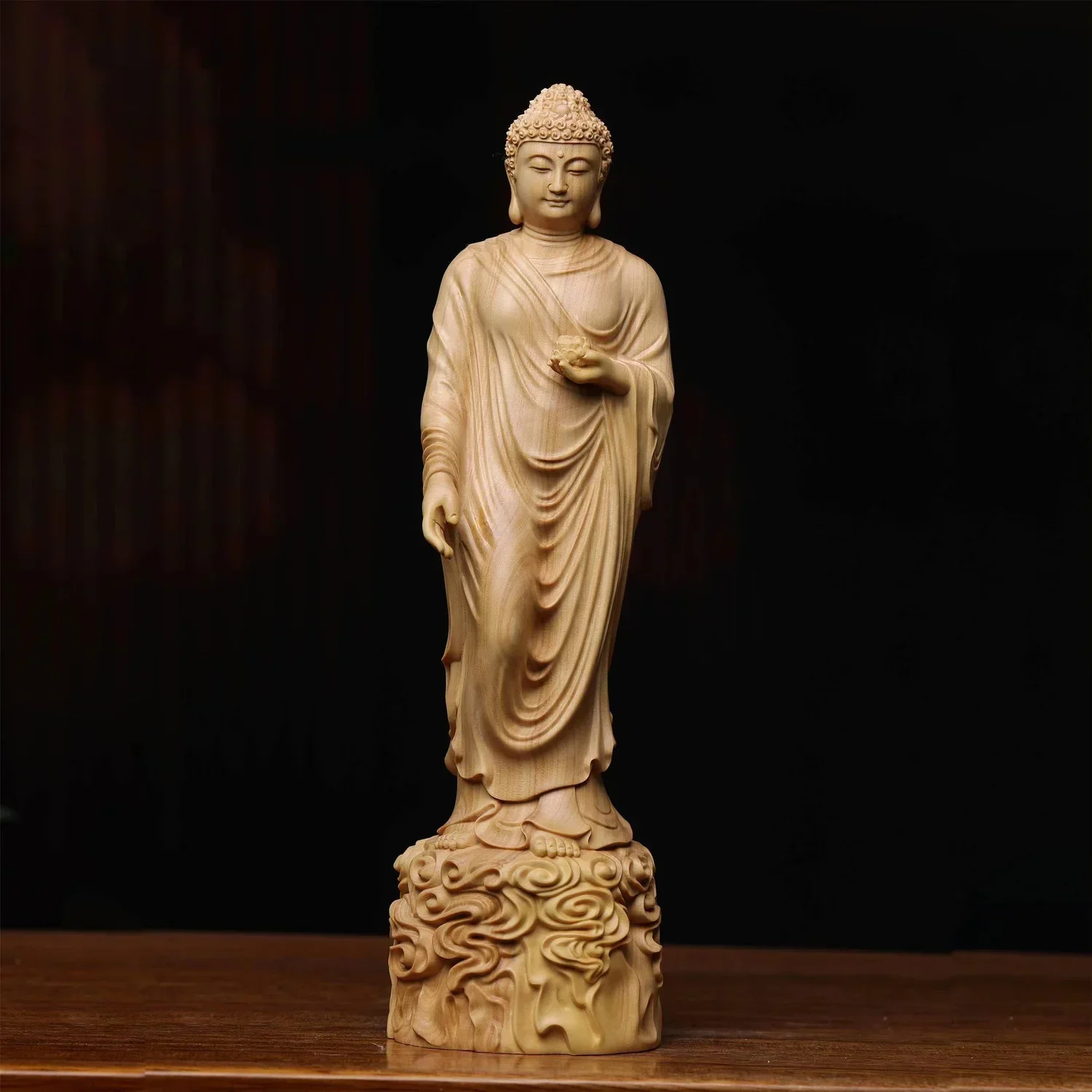 MOYU Solid Wood Carving Amitabha Buddha Figurine Room Decor Statue Sculpture Art Crafts Ornament Buddhist Supply Home Decoration