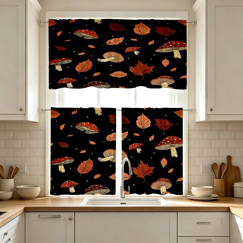 Thanksgiving Fall Kitchen Curtains, Mushroom Maple Leaf, Digital Print, Kitchen Dining Room, Rod Pocket Polyester, Home Decor