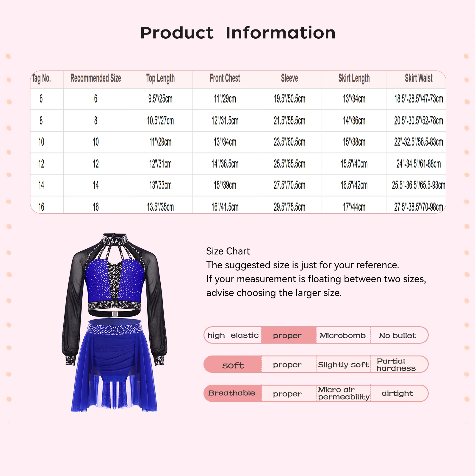 

2Piece Kids Girls Figure Skating Dance Outfit Long Sleeves Strappy Shiny Rhinestones Color Block Crop Top with Mesh Ruched Skirt