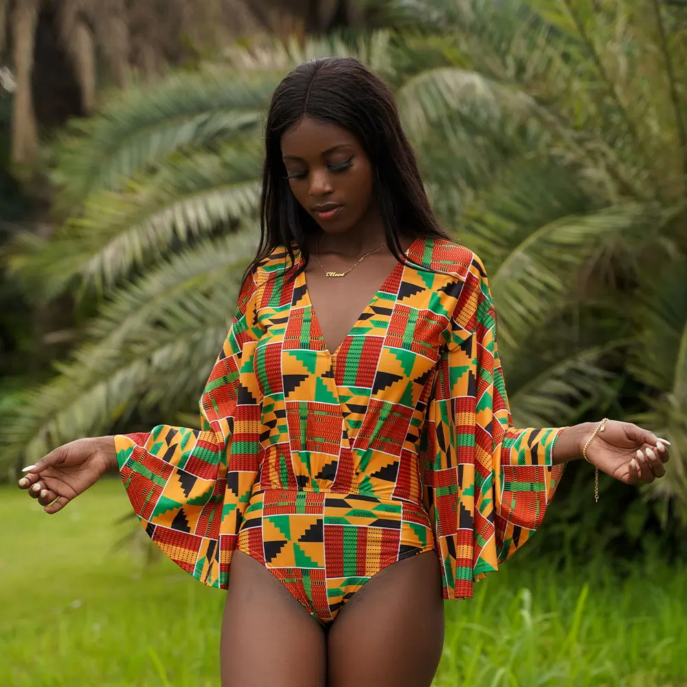 2023 New African Style Monokini Sexy V-Neck Swimsuit Kente Printed Women Fashion Long Sleeve Beach Swimwear