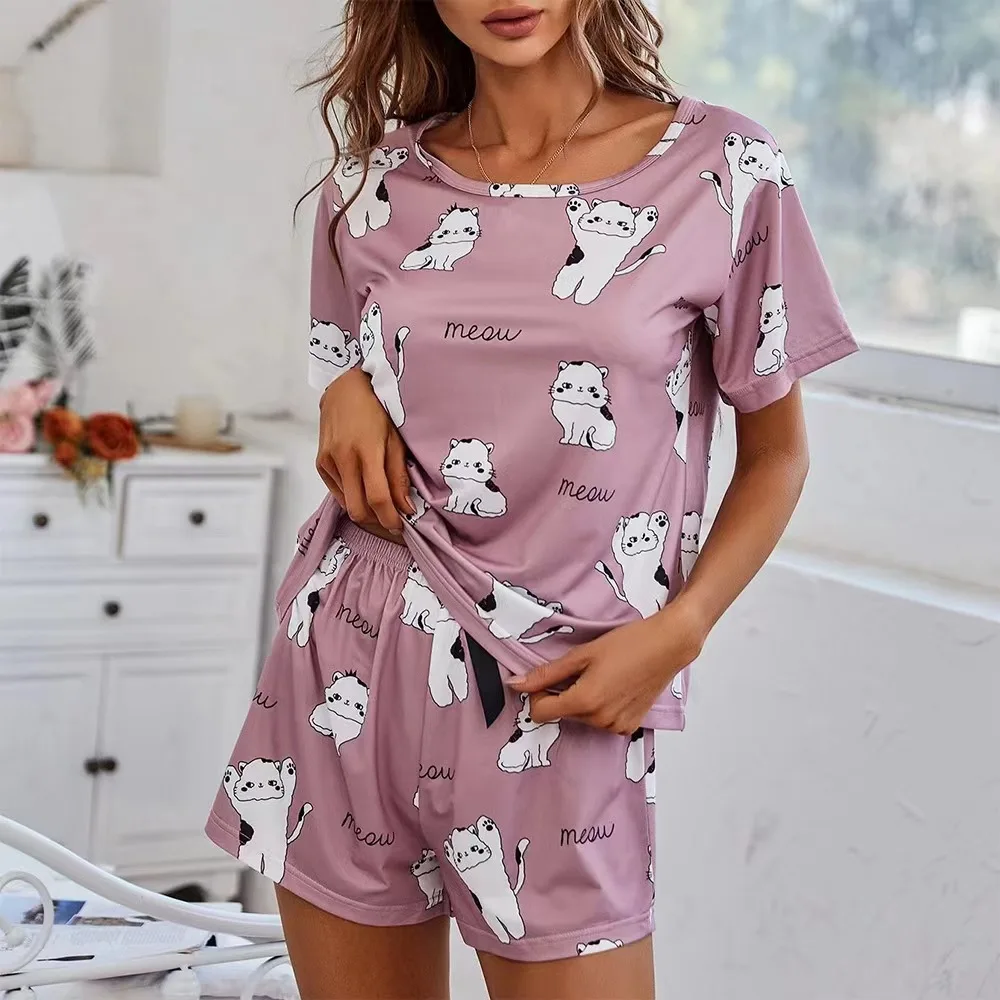 Women\'s Pajamas Set Sleepwear 2 PCS T-shirt And Shorts S M L Pink Ventilate Soft Casual Cartoon Cat Print