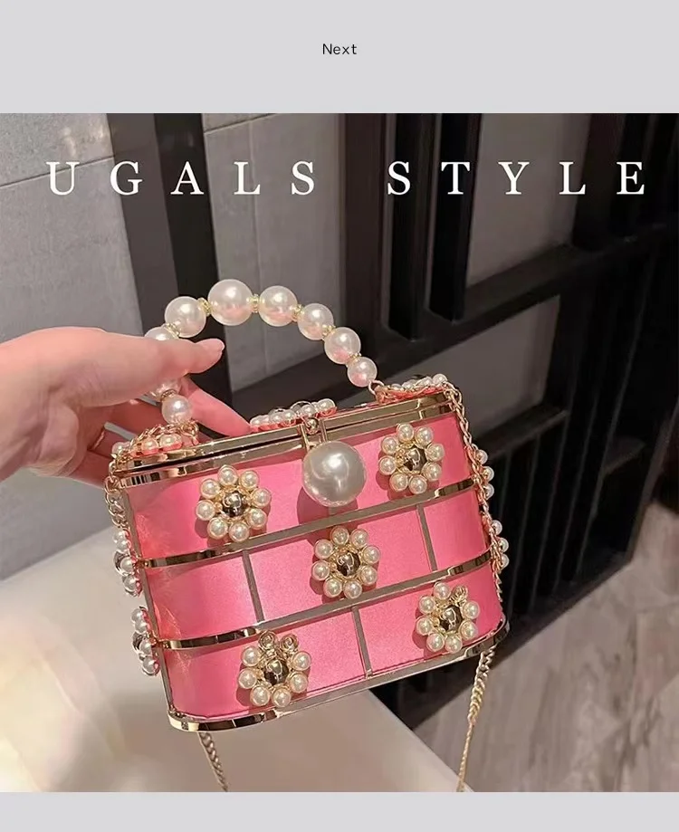 Luxury Fashion Hollow Out Gold Metal Cage Pearl Beading Women\'s Handbag Evening Bag Wedding Party Clutch Purse Crossbody Bag