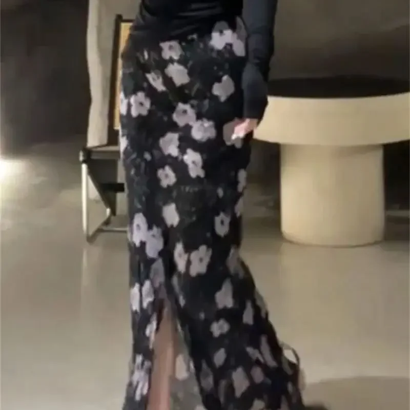 جديد الصيف الفرنسية طويلة حورية البحر تنورة المرأة خمر الأزهار طباعة عالية الخصر عادية سبليت Bodycon تنورات الرصاص عطلة ملابس الشاطئ