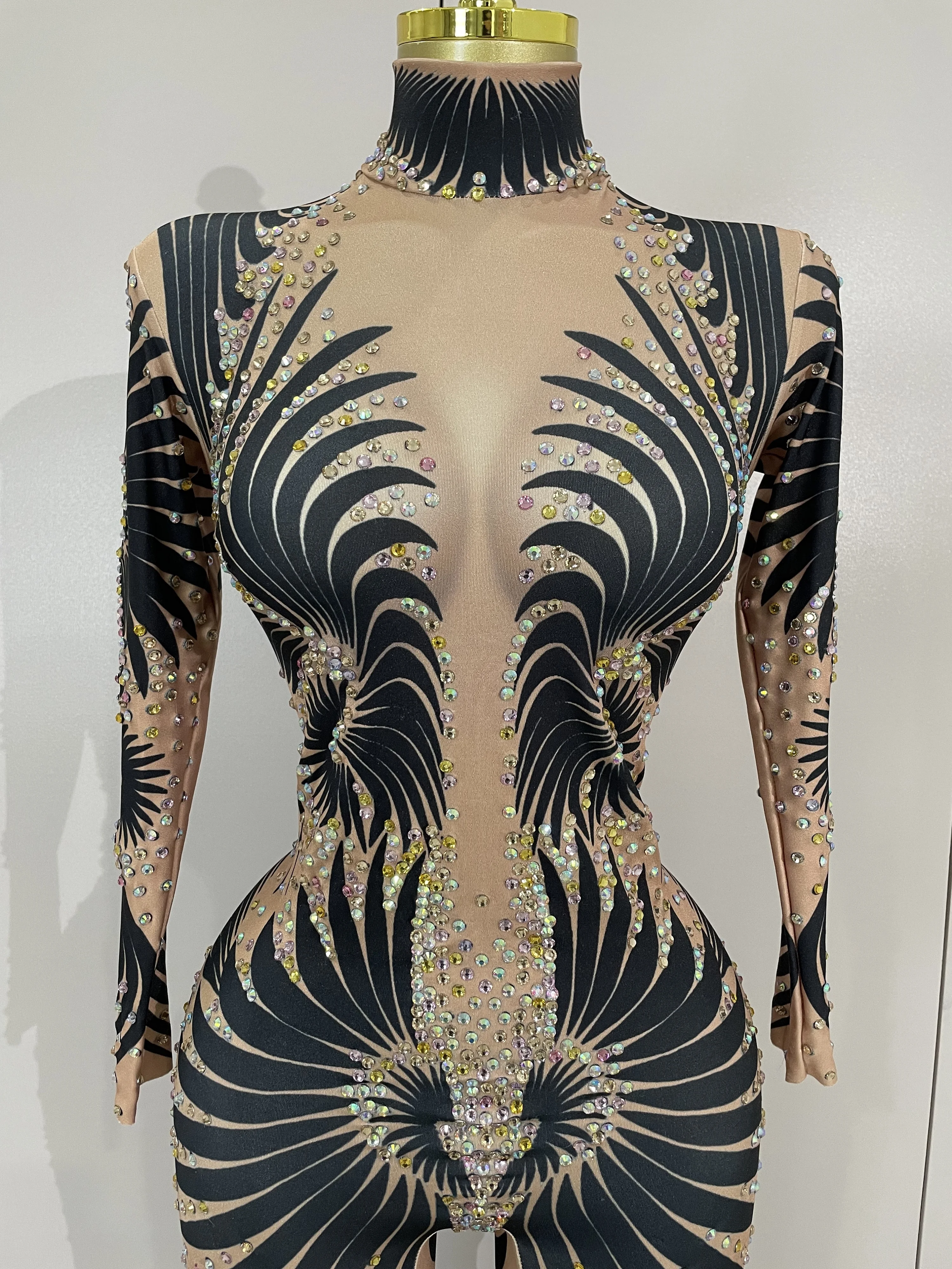 반짝이는 라인스톤 프린트 섹시한 긴 소매 스트레치 점프수트 여성 이브닝 파티 나이트클럽 드래그 퀸 쇼 무대 공연 롬퍼