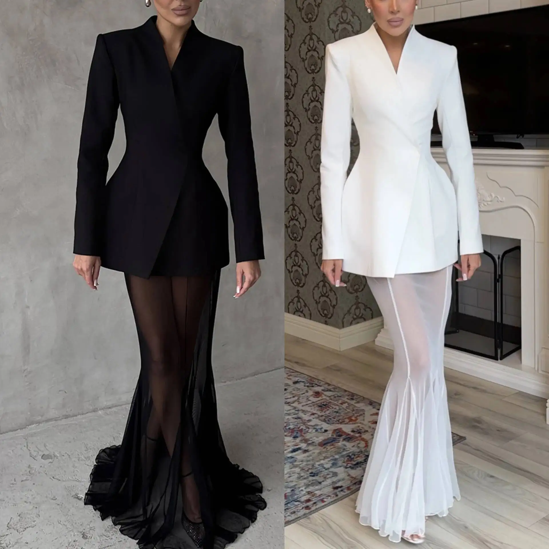 Women Suit Jacket Perspective Skirts Set 2026 Spring New Two Piece Set Women's Long Sleeve Blaze Loose Elastic Mesh Midi Skirt