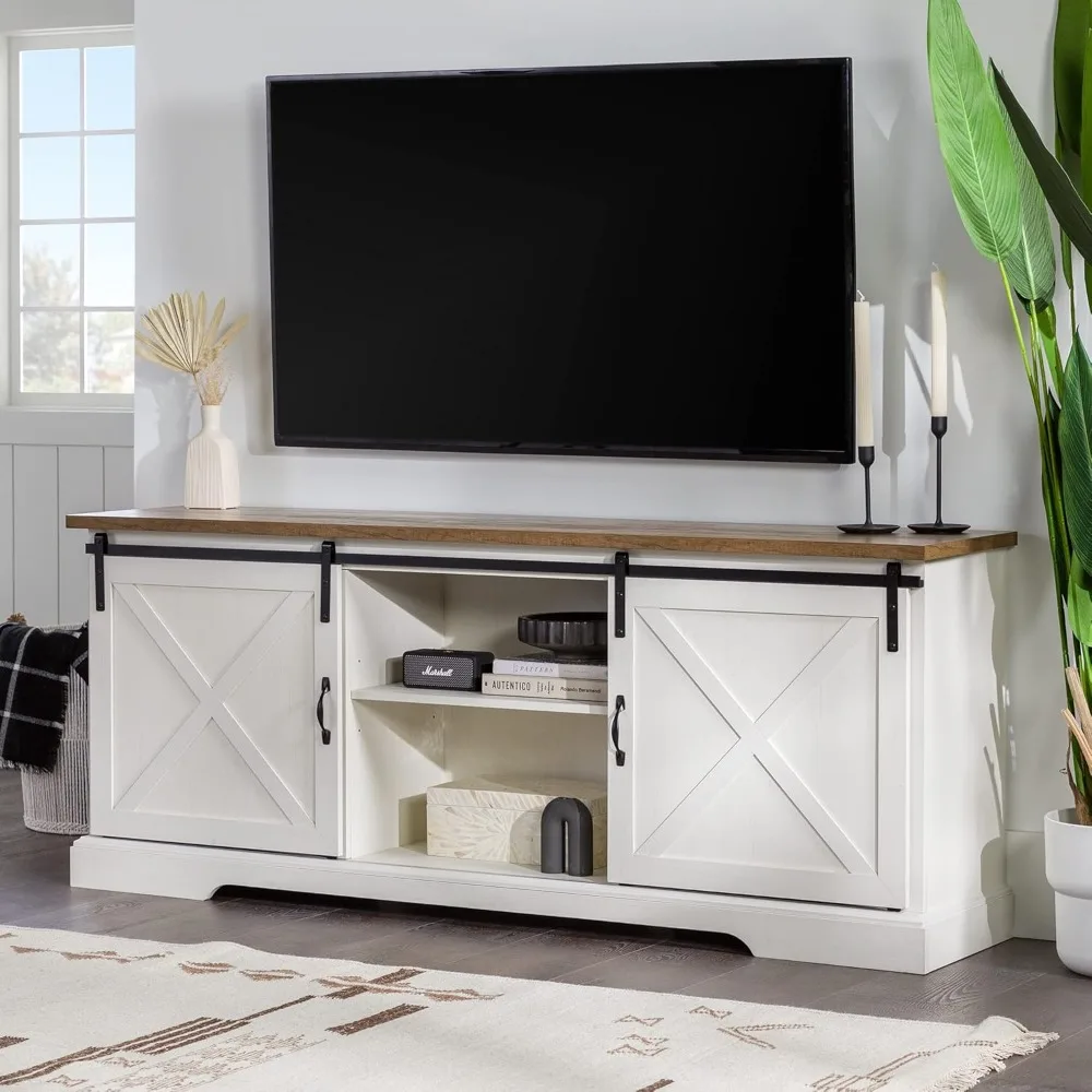 Corbin-Soporte de TV con puerta corredera de Granero, accesorio moderno de granja para televisores de hasta 80 pulgadas, 70 pulgadas, madera de Granero reciclada y blanco cepillado