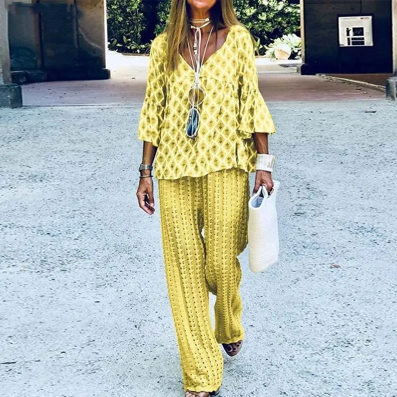 Traje elegante para mujer, Top con mangas acampanadas y pantalones de pierna ancha, conjunto de 2 piezas, ropa deportiva holgada informal con estampado para primavera y otoño para mujer