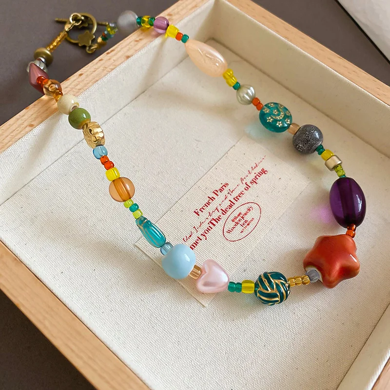 

Exquisite Multicolored Irregular Star Rice Beads Necklace For Women Lady Cartoon Cute Glass Heart Necklace Casual Party Jewelry