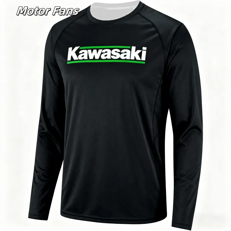 

Moto Fans Kawasaki Long - Sleeve Shirt: Black with Green Stripes, Featuring the "Kawasaki" Logo, Stylish for Motorcycle fans