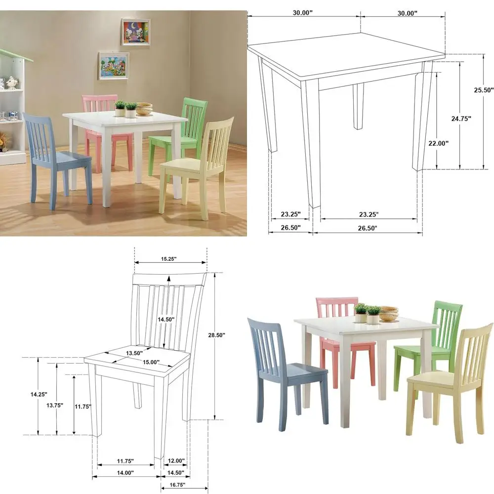 

Детский игровой набор в переходном стиле: 5 предметов, 30 предметов мебели из массива дерева, молодежный стол и стулья с реечной спинкой, разноцветные