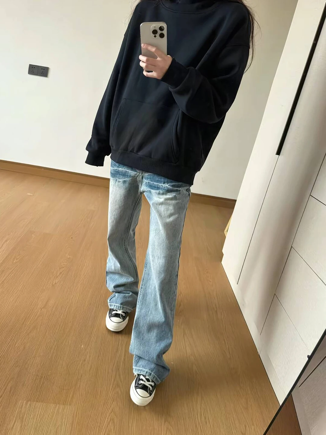 

Blue Waed Lightning Pattern Men's Jeans Spring Straight Leg Micro Flared Cleanfit Knife Trousers Youth Wear Denim