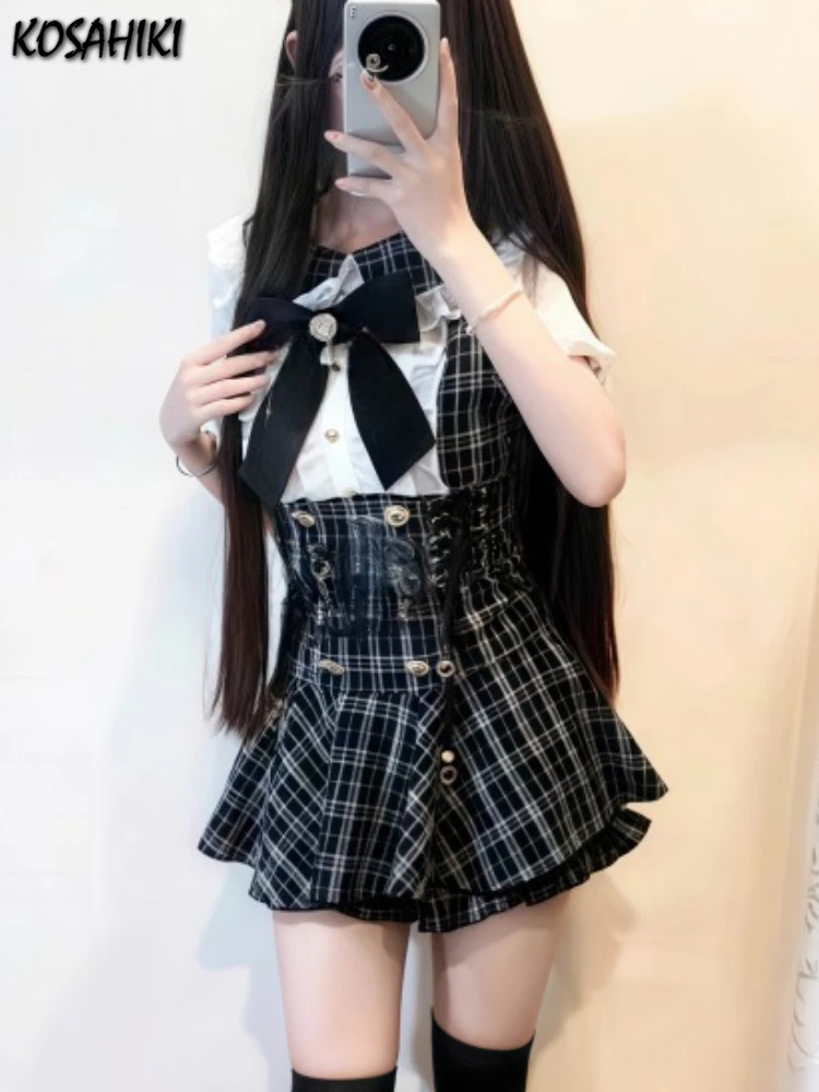 

Japanese Lolita Outfits Fake Two Pieces Y2k Aesthetic Patchwork Plaid Bandage Mnin Dress + Grunge Ruffled Shorts Female Jk Suit