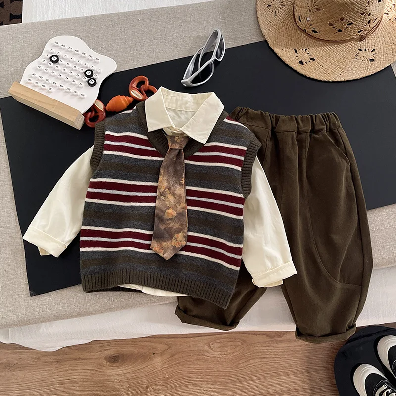 Boys Knitted Vest Clothes Sets Spring Autumn Children Tie Shirts Pants 3pcs School Suit For Baby Casual Tracksuits Kids Outfits