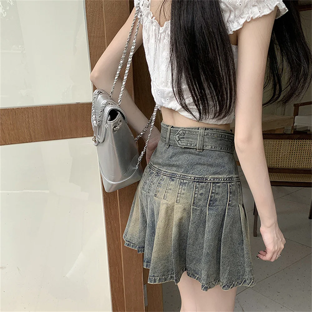 Women'S Blue Black Riveted Belt Denim Skirt Y2k Harajuku High Street Fashion 90s Sexy A-Line Mini Skirt Summer Clothing 2026 New