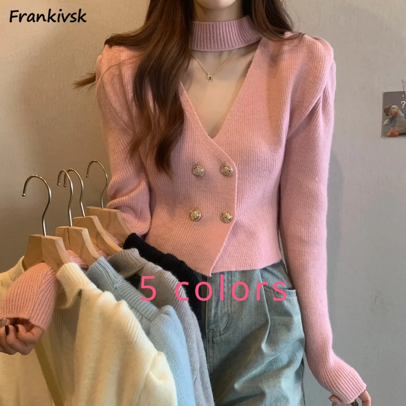 Cropped Cardigan Women Formal V-neck Puff Sleeve Temperament Halter Autumn Winter Popular Chic French Style Elegant Advanced