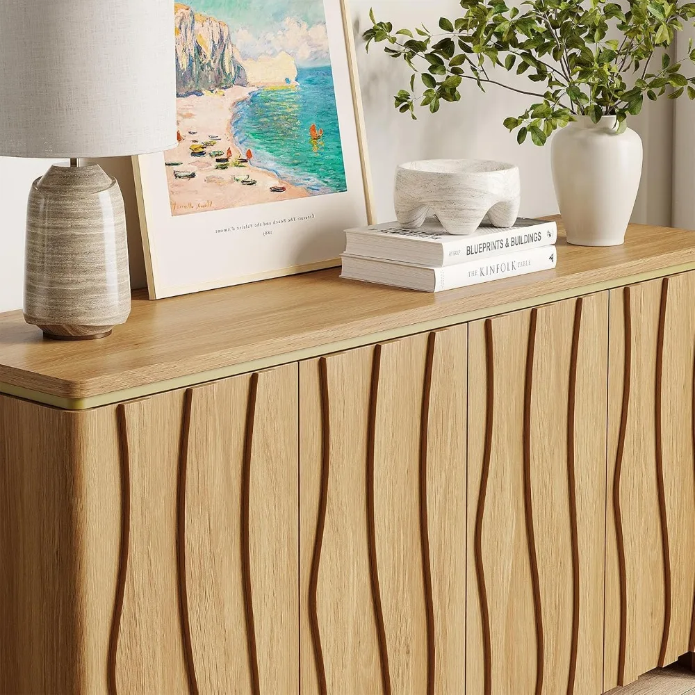 Armadietto a buffet scanalato con contenitore, ante con motivo ondulato 3D e bordi curvi, credenza moderna per sala da pranzo, cucina, ingresso