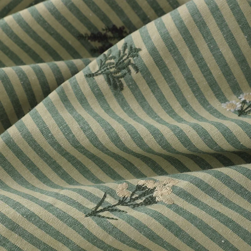 Cotton Fabric Embroidered Striped Cotton Linen Green Fabric Dress Shirt Clothing DIY Bag Fabric