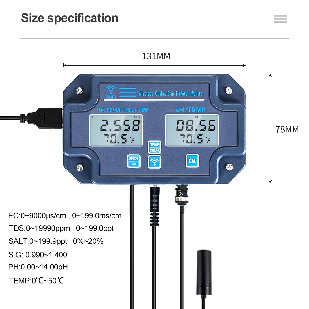 6 in 1 Tuya WIFI Water Quality Detector PH/EC/TDS/SALT/S.G/Temperature Meter APP Remote Alarm Digital Water Quality Analyzer