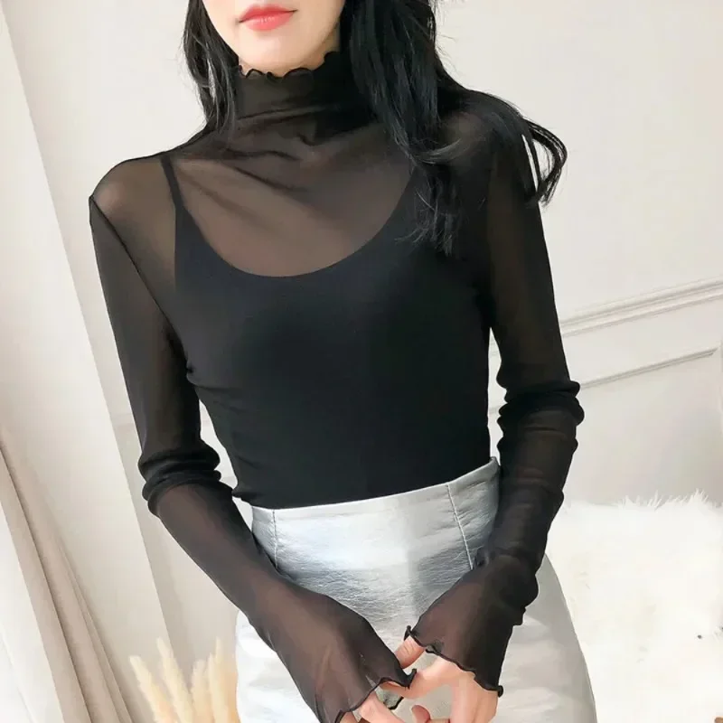 كوس جالا كوريا Musim Gugur Kaus Wanita Kerah Tutup Antik Lengan Panjang Kantor Wanita Kaus Wanita Ramping Blus Rendaoración